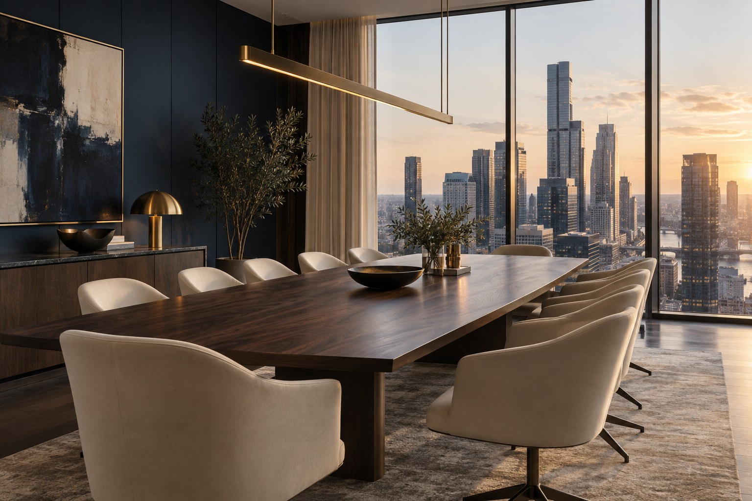 A warm, elegant boardroom overlooking the city
