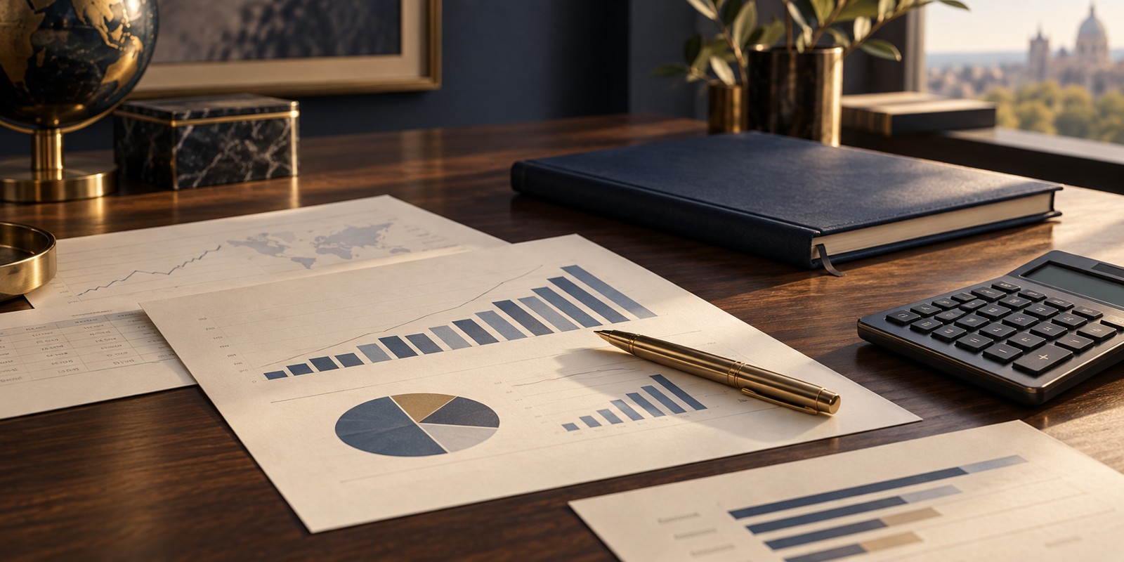 Financial charts, a calculator and a brass pen on a walnut desk