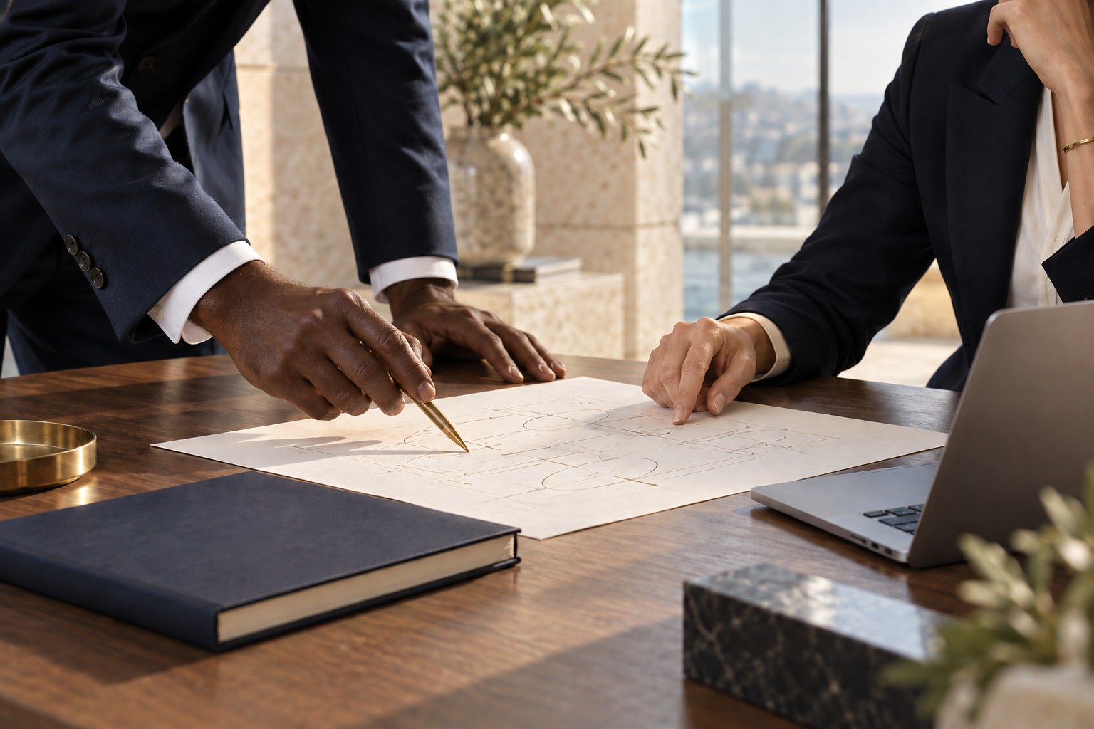 Professionals collaborating on a strategy sketch at a walnut desk